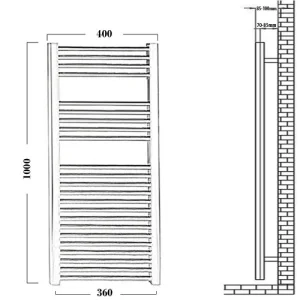 Reina Diva 400 X 1000 Towel Radiator Chrome Flat technical drawing - Image 4
