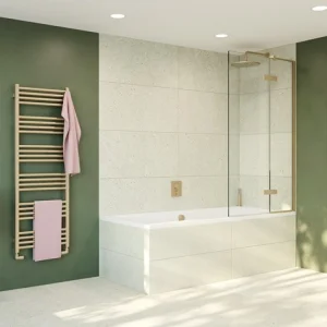 Crosswater Optix 10 Hinged Bath Screen with Inline Panel 90 Right Handed Brushed Brass
