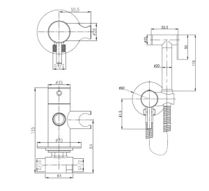 Just Taps Kono Single Lever Douche Set For Cold And Hot Operation Brushed Brass technical drawing - Image 2