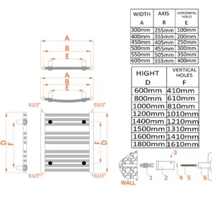 Reina Diva 500 X 1200 Towel Radiator Black Curved technical drawing - Image 3