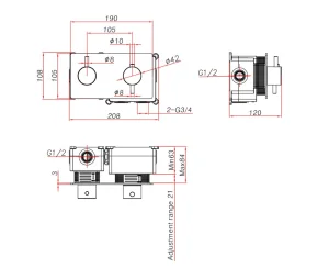 Ava Trend 2 Way 2 Handle Thermostatic Valve W/ Backplate - Brushed Brass technical drawing - Image 4