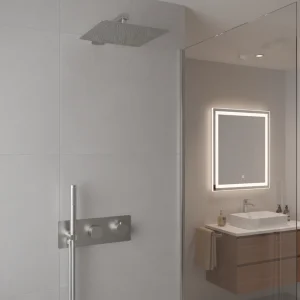 Ava Purity 2 Way 2 Handle Thermostatic Valve With Built In Hand Shower W/3 Hole Backplate - Brushed Stainless Steel detail view - Image 2