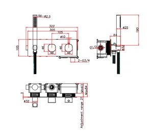 Ava Purity 2 Way 2 Handle Thermostatic Valve With Built In Hand Shower W/3 Hole Backplate - Brushed Stainless Steel technical drawing - Image 3