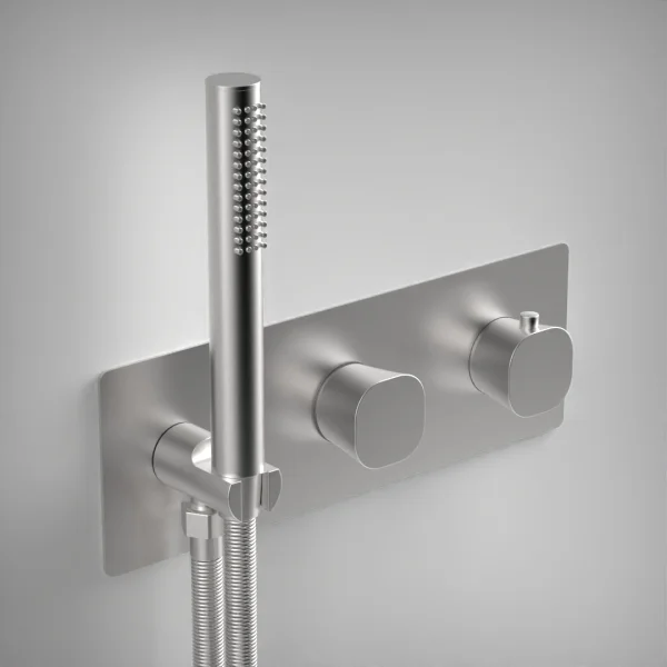 Ava Purity 2 Way 2 Handle Thermostatic Valve With Built In Hand Shower W/3 Hole Backplate - Brushed Stainless Steel