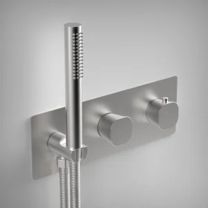 Ava Purity 2 Way 2 Handle Thermostatic Valve With Built In Hand Shower W/3 Hole Backplate - Brushed Stainless Steel