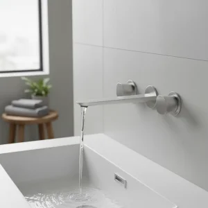 Ava Purity 3 Hole Wall Mounted Basin Mixer W/ Flanges - Brushed Stainless Steel detail view - Image 2