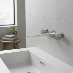 Ava Purity 3 Hole Wall Mounted Basin Mixer W/ Flanges - Brushed Stainless Steel detail view - Image 3