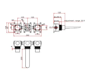 Ava Purity 3 Hole Wall Mounted Basin Mixer W/ Flanges - Brushed Stainless Steel technical drawing - Image 4