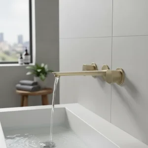 Ava Purity 3 Hole Wall Mounted Basin Mixer W/ Flanges - Brushed Brass detail view - Image 2