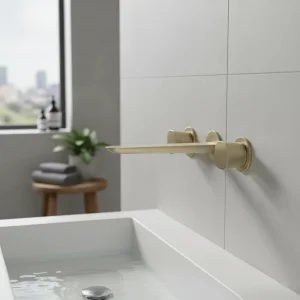 Ava Purity 3 Hole Wall Mounted Basin Mixer W/ Flanges - Brushed Brass detail view - Image 3