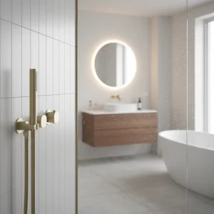 Ava Purity 2 Way 2 Handle Thermostatic Valve With Built In Hand Shower W/3 Hole Flanges - Brushed Brass detail view - Image 2