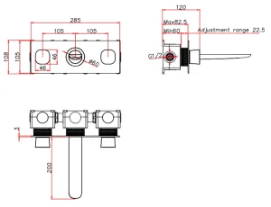 Ava Purity 3 Hole Wall Mounted Bath Mixer W/ Backplate - Brushed Brass technical drawing - Image 2