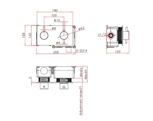 Ava Trend 1 Way 2 Handle Thermostatic Valve W/ Backplate - Polished Stainless Steel technical drawing - Image 4