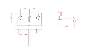 Ava Trend 3 Hole Wall Mounted Basin Mixer With Back Plate - Brushed Stainless Steel technical drawing - Image 2