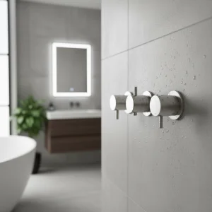 Ava Trend 2 Way 3 Handle Thermostatic Valve W/ Flanges - Brushed Stainless Steel detail view - Image 2