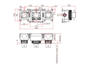 Ava Trend 2 Way 3 Handle Thermostatic Valve W/ Flanges - Brushed Stainless Steel technical drawing - Image 4