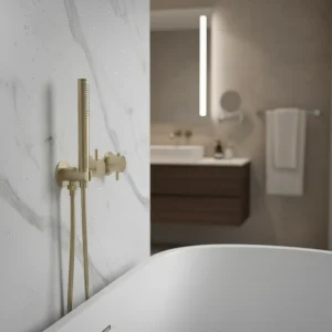 Ava Trend 2 Way 2 Handle Thermostatic Valve With Built In Hand Shower W/3 Hole Flanges - Brushed Brass detail view - Image 2