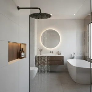 Ava Round 250mm Shower Head - Brushed Black with Wall Mounted Round 400mm Shower Arm - Brushed Black detail view - Image 2