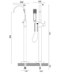 Crosswater Planet Bath Shower Mixer with Kit Floor Standing Chrome technical drawing - Image 2