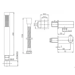 Crosswater Square Shower Kit with Shower Handset, Hose and Wall Outlet Chrome technical drawing - Image 3