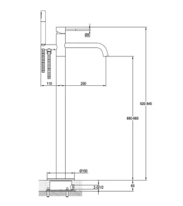 Just Taps Vos Floor Standing Bath Mixer With Kit Brushed Black technical drawing - Image 2