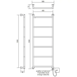 Vogue Vivid Towel Radiator Dual Energy - Chrome 1250X500 technical drawing - Image 2