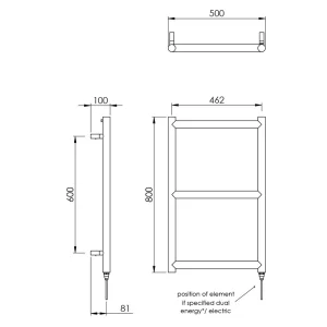 Vogue Grace Towel Radiator Heating Only - Chrome 800X500 technical drawing - Image 2