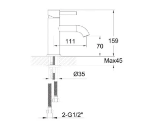 Just Taps Vos Single Lever Basin Mixer Brushed Brass technical drawing - Image 2