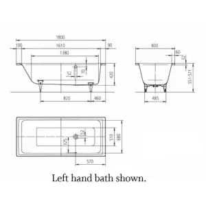 Kaldewei Puro 1800 X 800mm With Side Overflow (excl. Feet) technical drawing - Image 4