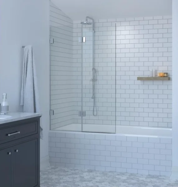 Showerlab VIEW 14.2 H SQUARE TOP TWO OUBLE HINGED BATH SCREEN 1011-1023x1500 Standard - Fixed sizes only Clear Glass , Right Hand , Open IN , Brushed Nickel