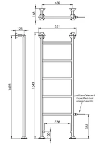 Vogue Art Moderne Towel Radiator Dual Energy - Chrome 1543X550 technical drawing - Image 3