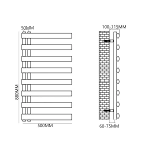 Reina Cavo 880 X 500 Brushed Stainless Steel Towel Rail technical drawing - Image 3
