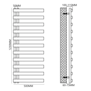 Reina Cavo 1230 X 500 Brushed Stainless Steel Towel Rail technical drawing - Image 3