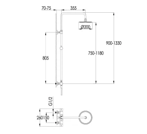 Just Taps Inox Thermostatic Bar Valve With 2 Outlets Adjustable Riser technical drawing - Image 2