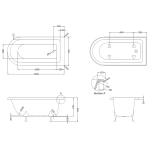 Bc Designs Tye 1500 Shower Bath With Feet Set 2 White detail view - Image 3