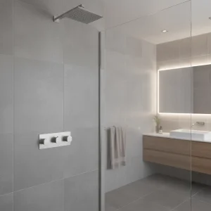 Ava Purity 2 Way 3 Handle Thermostatic Valve W/ Backplate - Brushed Stainless Steel detail view - Image 2