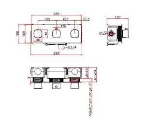 Ava Purity 2 Way 3 Handle Thermostatic Valve W/ Backplate - Brushed Stainless Steel technical drawing - Image 3