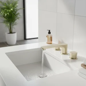 Ava Purity 3 Hole Deck Mounted Basin Mixer W/ Flanges - Brushed Brass detail view - Image 2