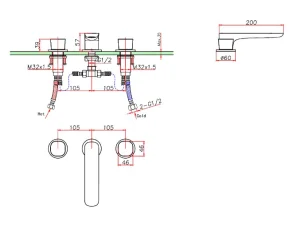 Ava Purity 3 Hole Deck Mounted Basin Mixer W/ Flanges - Brushed Brass technical drawing - Image 4