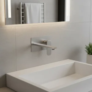 Ava Purity 2 Hole Wall Mounted Basin Mixer With Back Plate - Brushed Stainless Steel detail view - Image 2