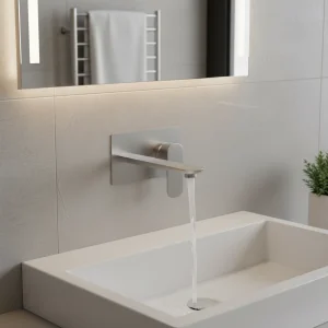 Ava Purity 2 Hole Wall Mounted Basin Mixer With Back Plate - Brushed Stainless Steel detail view - Image 3