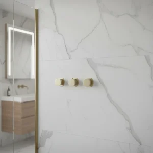 Ava Purity 2 Way 3 Handle Thermostatic Valve W/ Flanges - Brushed Brass detail view - Image 2