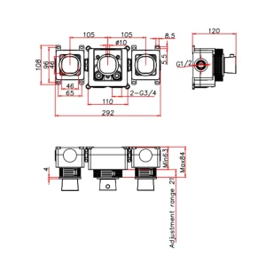 Ava Purity 2 Way 3 Handle Thermostatic Valve W/ Flanges - Brushed Brass technical drawing - Image 3