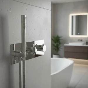 Ava Trend 2 Way 2 Handle Thermostatic Valve With Built In Hand Shower W/3 Hole Backplate - Polished Stainless Steel detail view - Image 2