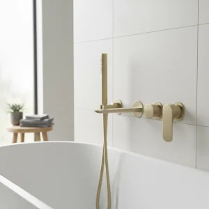 Ava Purity Thermostatic 4 Hole Wall Mounted Bath Shower Mixer - Brushed Brass detail view - Image 2