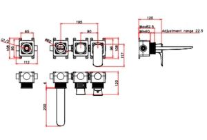 Ava Purity Thermostatic 4 Hole Wall Mounted Bath Shower Mixer - Brushed Brass technical drawing - Image 3