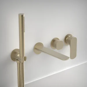 Ava Purity Thermostatic 4 Hole Wall Mounted Bath Shower Mixer - Brushed Brass