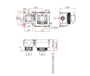 Ava Trend 1 Way 2 Handle Thermostatic Valve W/ Flanges - Brushed Black technical drawing - Image 4