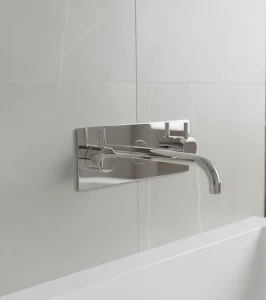 Ava Trend 3 Hole Wall Mounted Bath Mixer W/ Backplate - Polished Stainless Steel detail view - Image 2