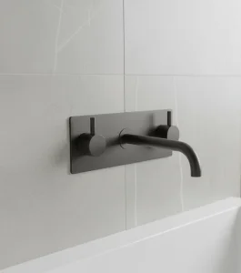 Ava Trend 3 Hole Wall Mounted Bath Mixer W/ Backplate - Brushed Black detail view - Image 2